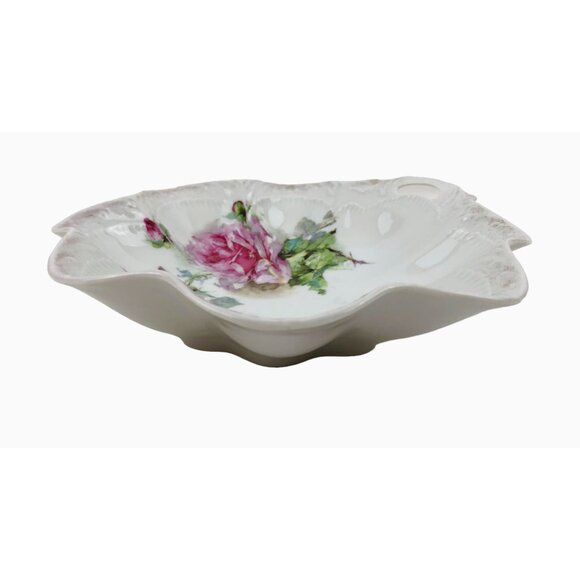 Antique K Steinmann German Porcelain Floral Dish Pink Roses Scalloped Edges - Picture 5 of 10